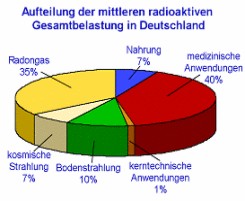 Tortendiagramm über die Aufteilung der mittleren radioaktiven Gesamtbelastung in Deutschland